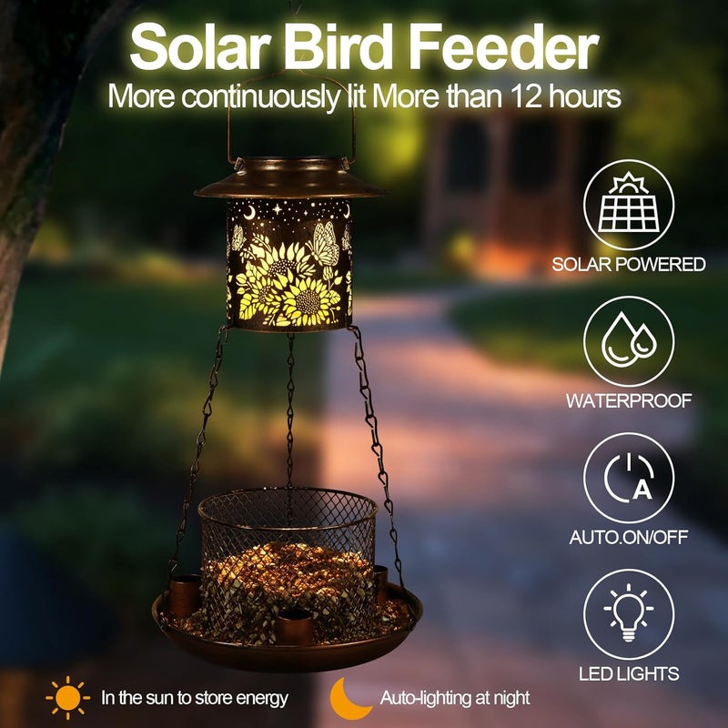 Tepaken Butterfly Solar Bird Feeder for Outdoor Hanging Gifts for Women Mom Sunflower Metal Wild Birdfeeder Garden Lantern Decor Lanterns Outside for Yard Patio Lawn Pathway Landscape - Image 3